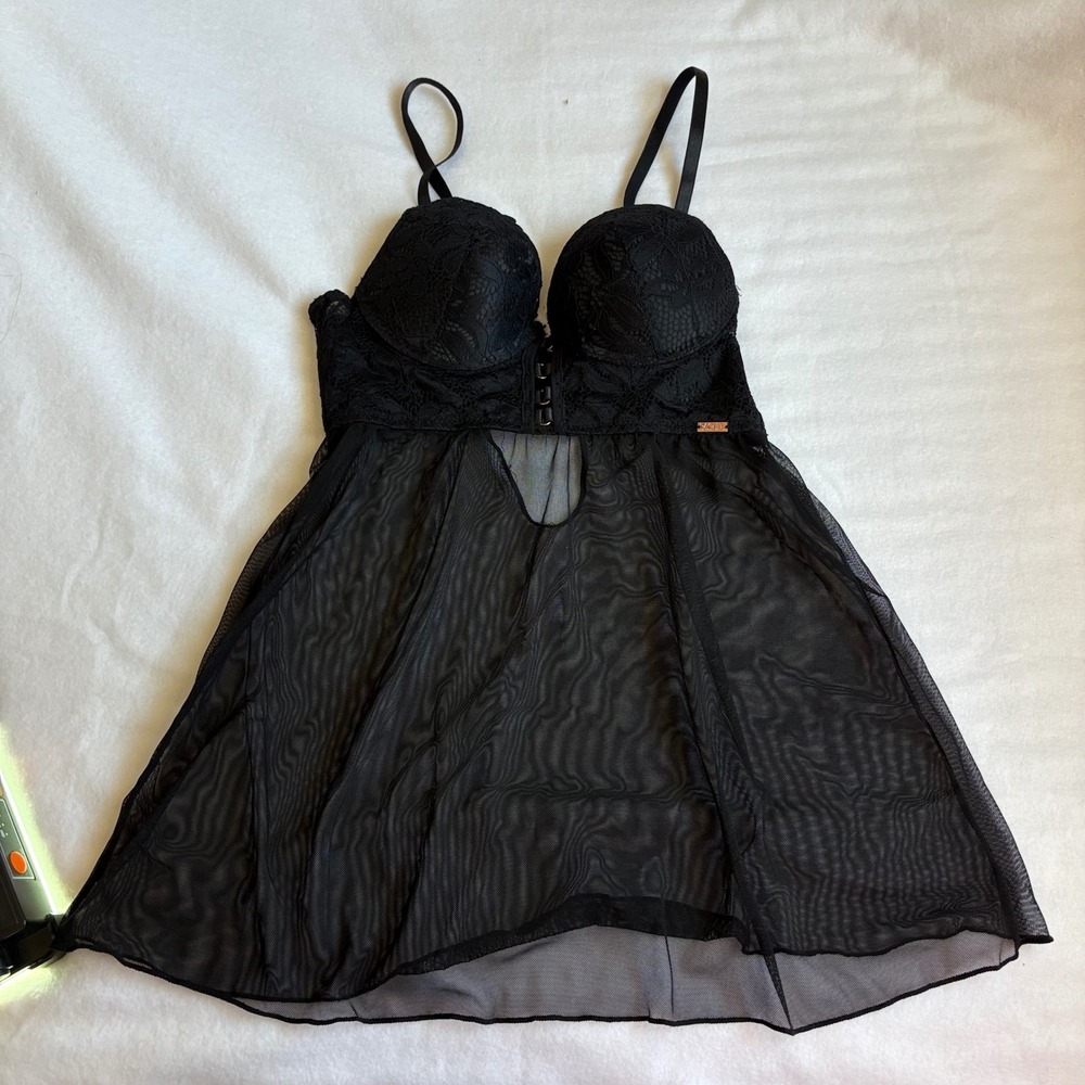 Rachel Rachel Roy Black Lace Babydoll Lingerie Top Sheer Mesh Small